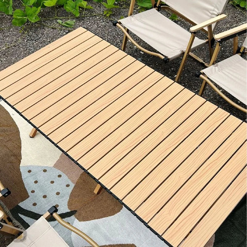 Aluminum camping table with wooden finish and foldable legs