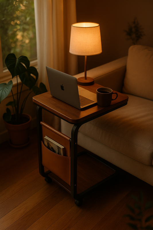 Cozy living room setup with adjustable sofa side table featuring MacBook, coffee mug, and soft lamp light – perfect for work and relaxation.