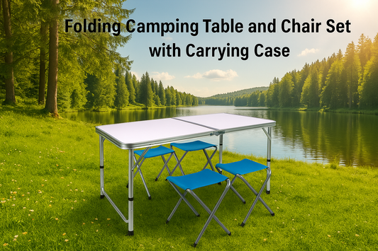 Folding camping table and chair set for outdoor use by lake