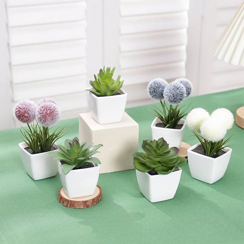 Mini artificial succulent and flower potted plants set for home and office decor in white pots