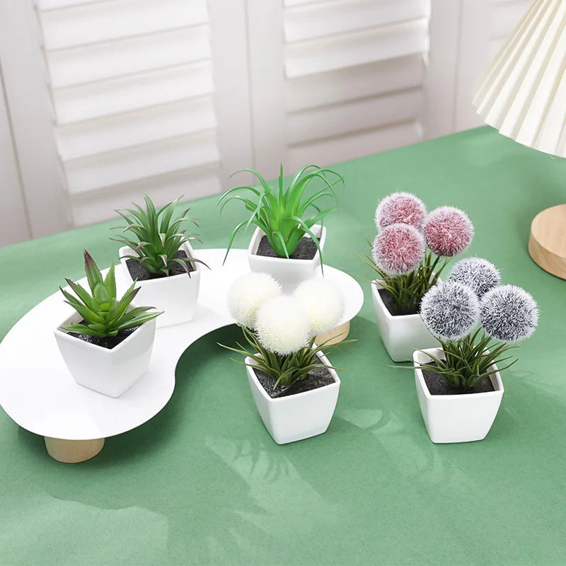 Mini artificial succulent and flower potted plants set for home and office decor in white pots