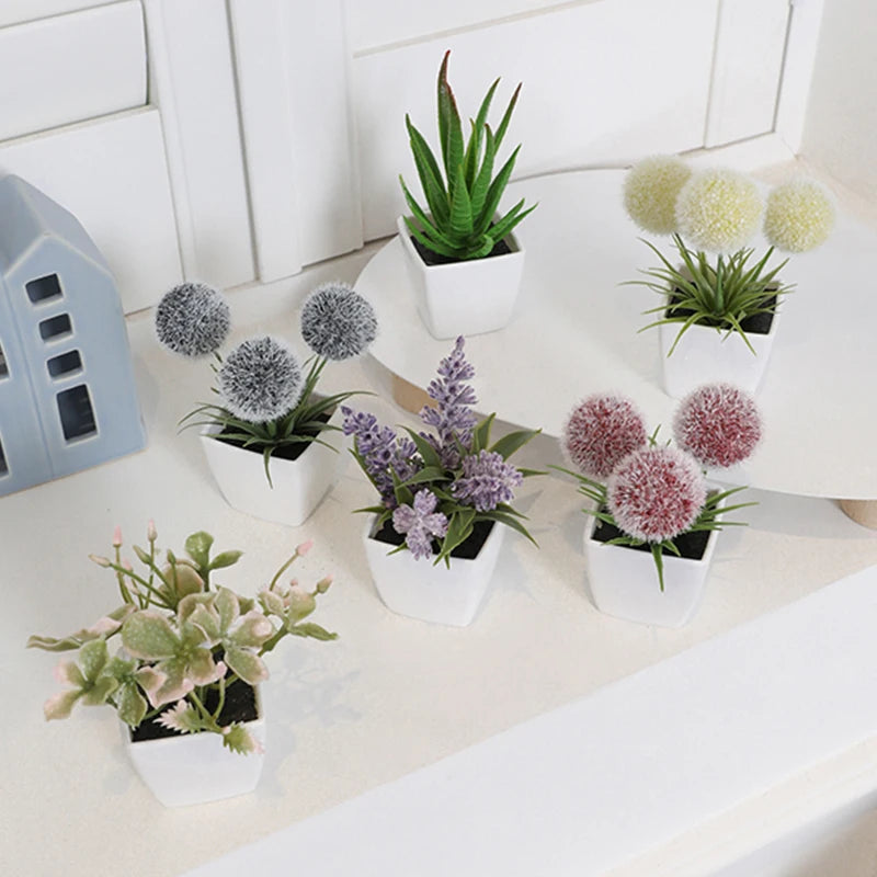 Mini artificial succulent and flower potted plants set for home and office decor in white pots