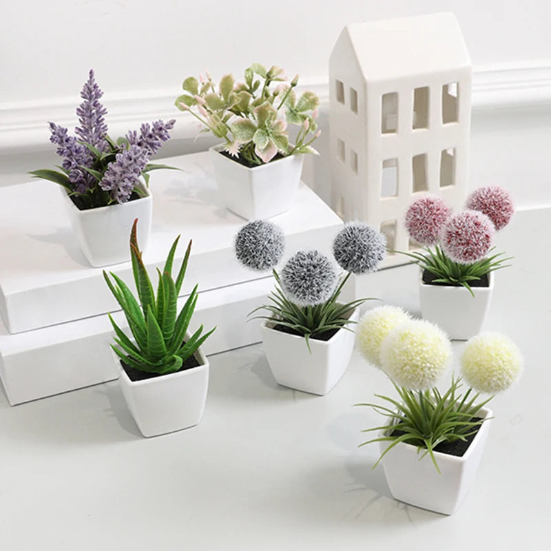 Mini artificial succulent and flower potted plants set for home and office decor in white pots