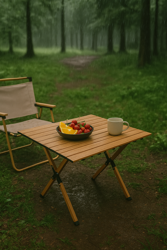 Portable folding wood grain camping table on outdoor grass