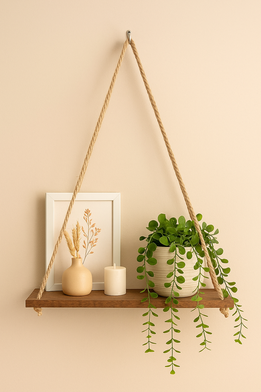 Rustic hanging rope wooden wall shelf with plant and candle on beige wall