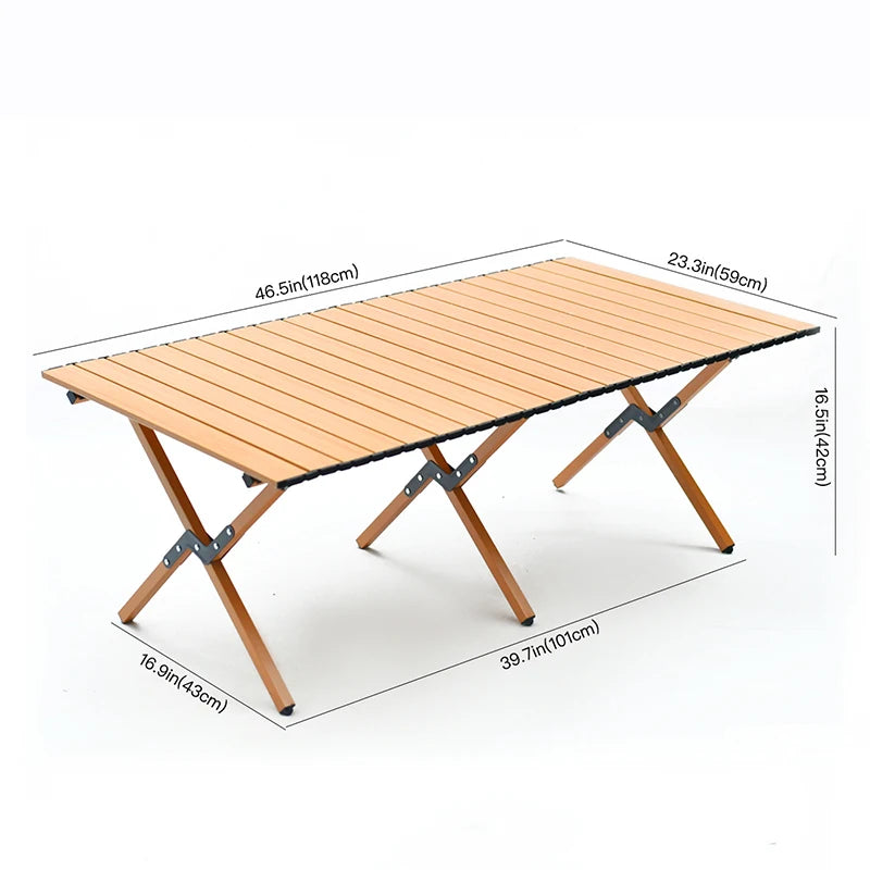Slatted top camping table for outdoor use with chairs