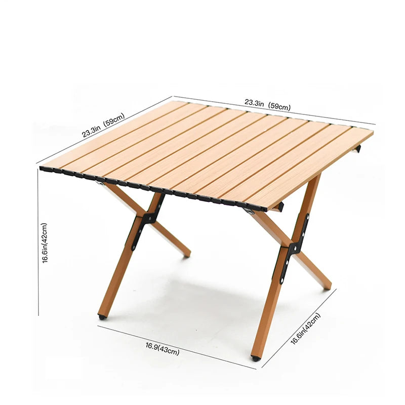 Slatted top camping table for outdoor use with chairs