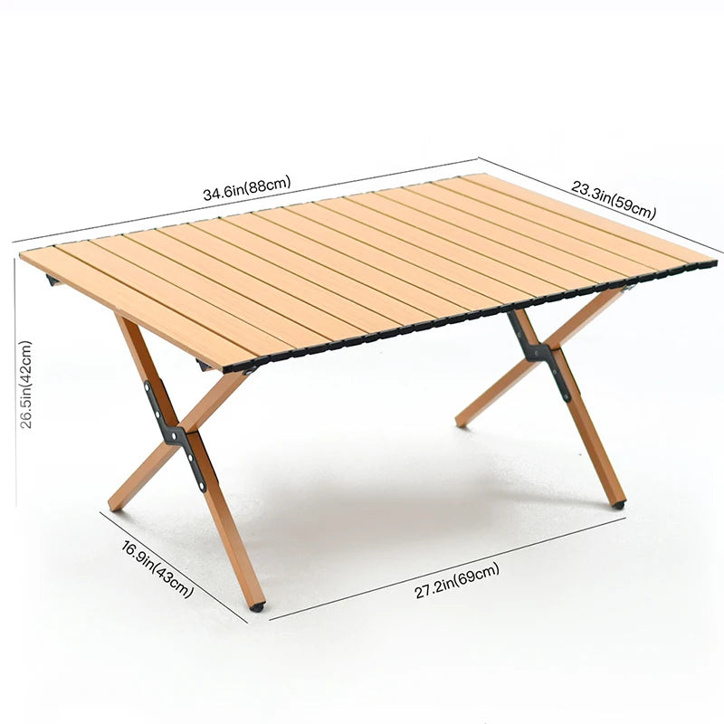 Slatted top camping table for outdoor use with chairs