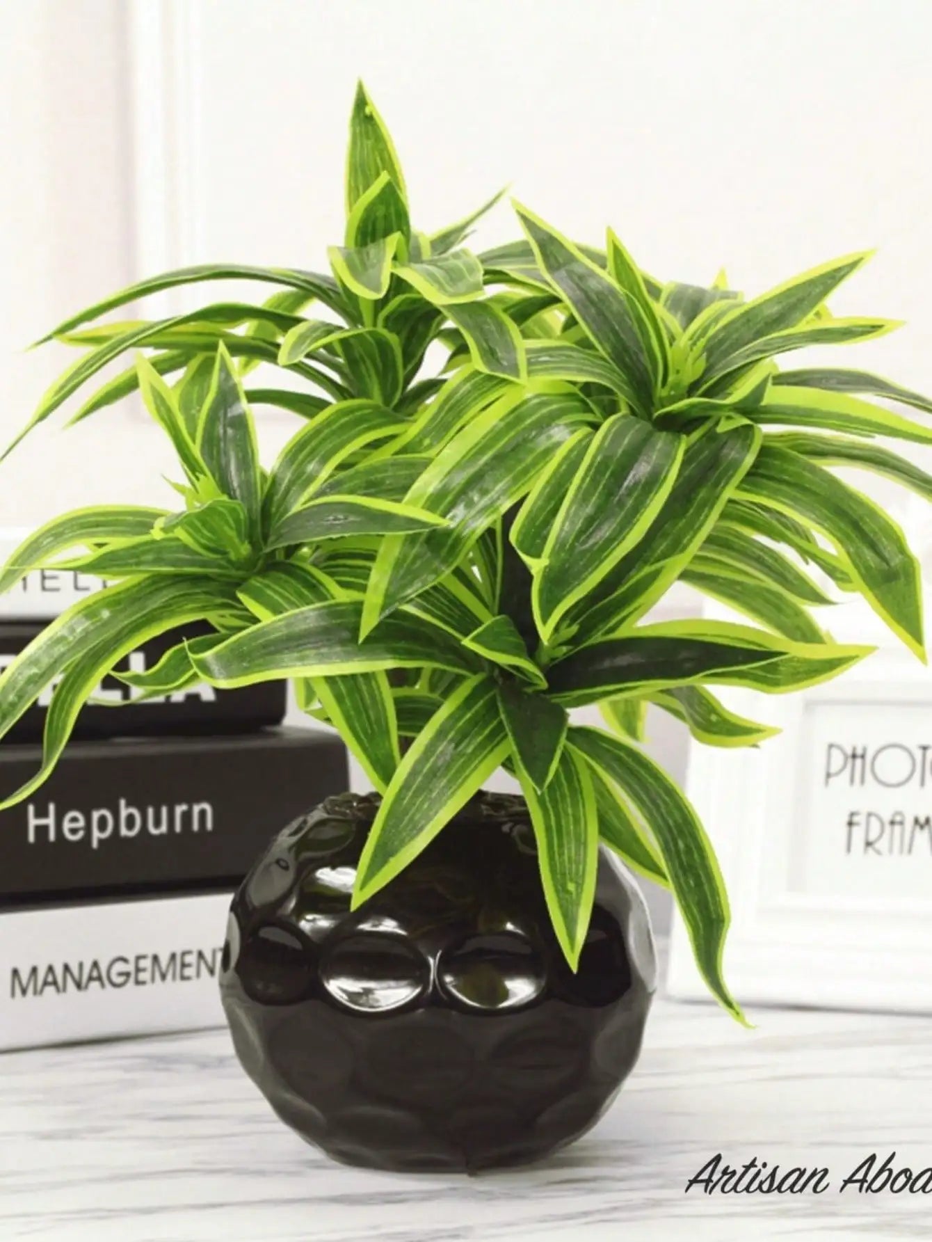 low-maintenance-faux-dracaena-greenery-tabletop-arrangement